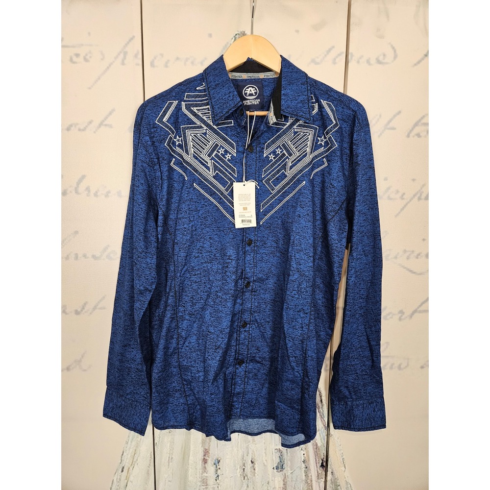 American Fighter Mens Sequence Blue Embroidered Button Down Shirt L NWT 331WV064